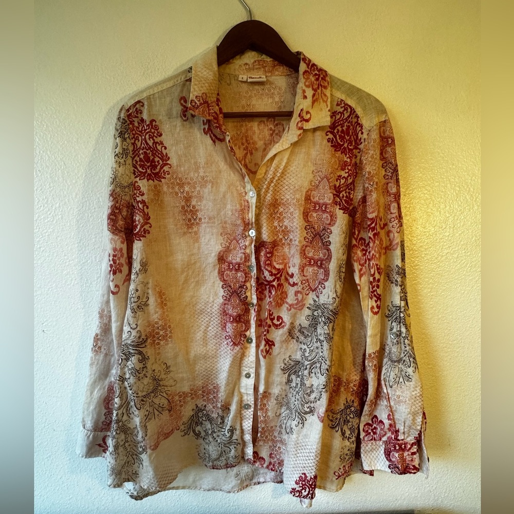 Tianello Cream Button Down Shirt 100% Linen With Pinks and Oranges Size Large